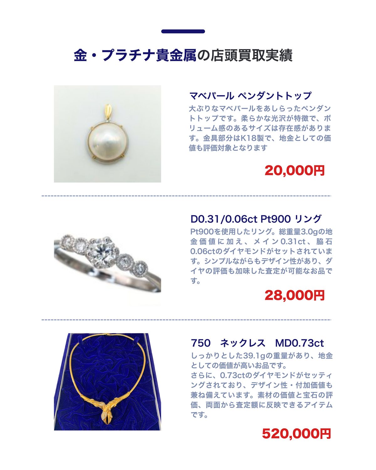 金・プラチナ貴金属の店頭買取実績